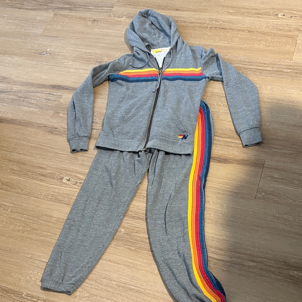 Aviator Nation 5 Stripe Zip Hoodie & Pants SET Heather Grey. Size Small 🌈 - Picture 3 of 5